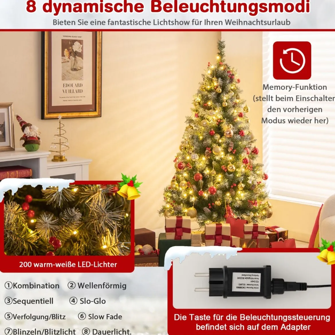 150 cm Künstlicher Weihnachtsbaum mit Beleuchtung & Schnee & Tannenzapfen & Roten Beeren