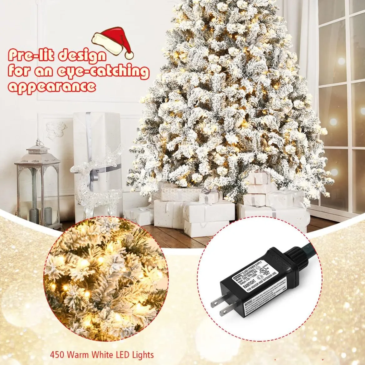 225cm Künstlicher Weihnachtsbaum mit Schnee und warmweißen LED-Leuchten Christbaum PVC Nadeln