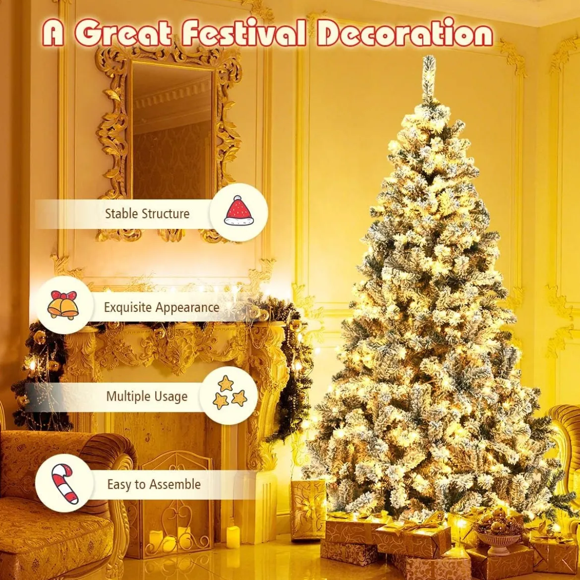 225cm Künstlicher Weihnachtsbaum mit Schnee und warmweißen LED-Leuchten Christbaum PVC Nadeln