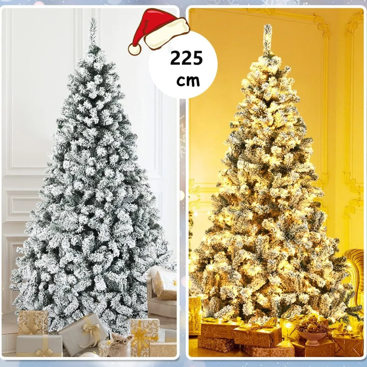 225cm Künstlicher Weihnachtsbaum mit Schnee und warmweißen LED-Leuchten Christbaum PVC Nadeln