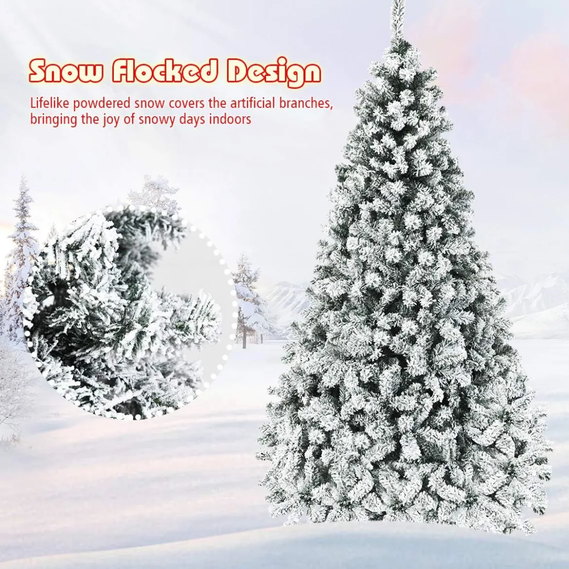 225cm Künstlicher Weihnachtsbaum mit Schnee und warmweißen LED-Leuchten Christbaum PVC Nadeln