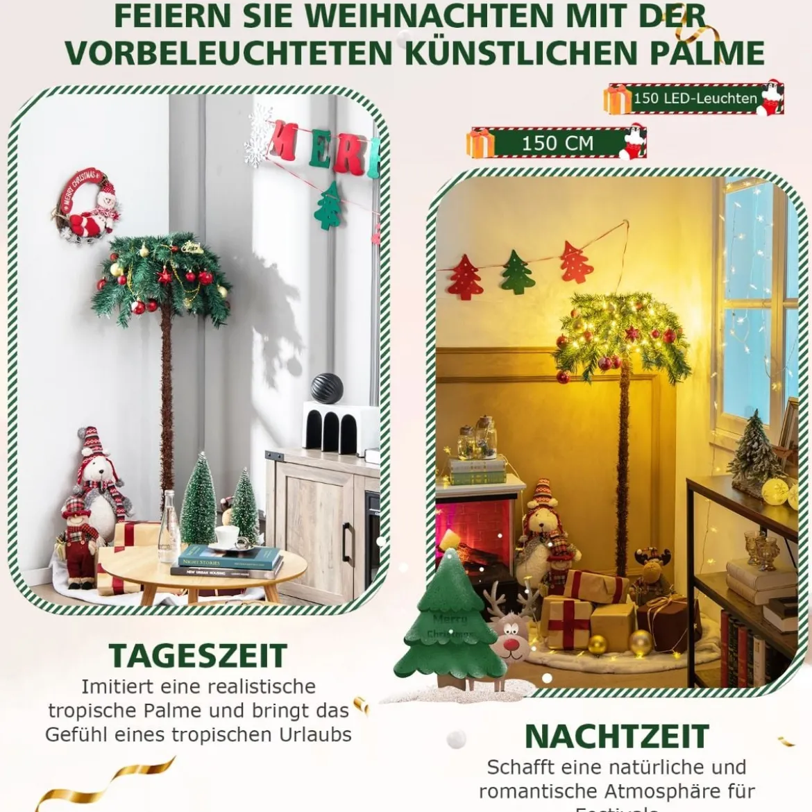 150 cm Künstlicher Weihnachtsbaum Beleuchtete Weihnachtspalme mit Warmweißen Lichtern