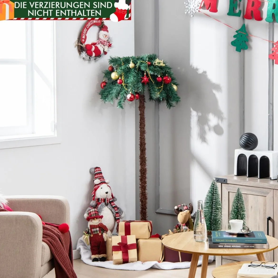 150 cm Künstlicher Weihnachtsbaum Beleuchtete Weihnachtspalme mit Warmweißen Lichtern