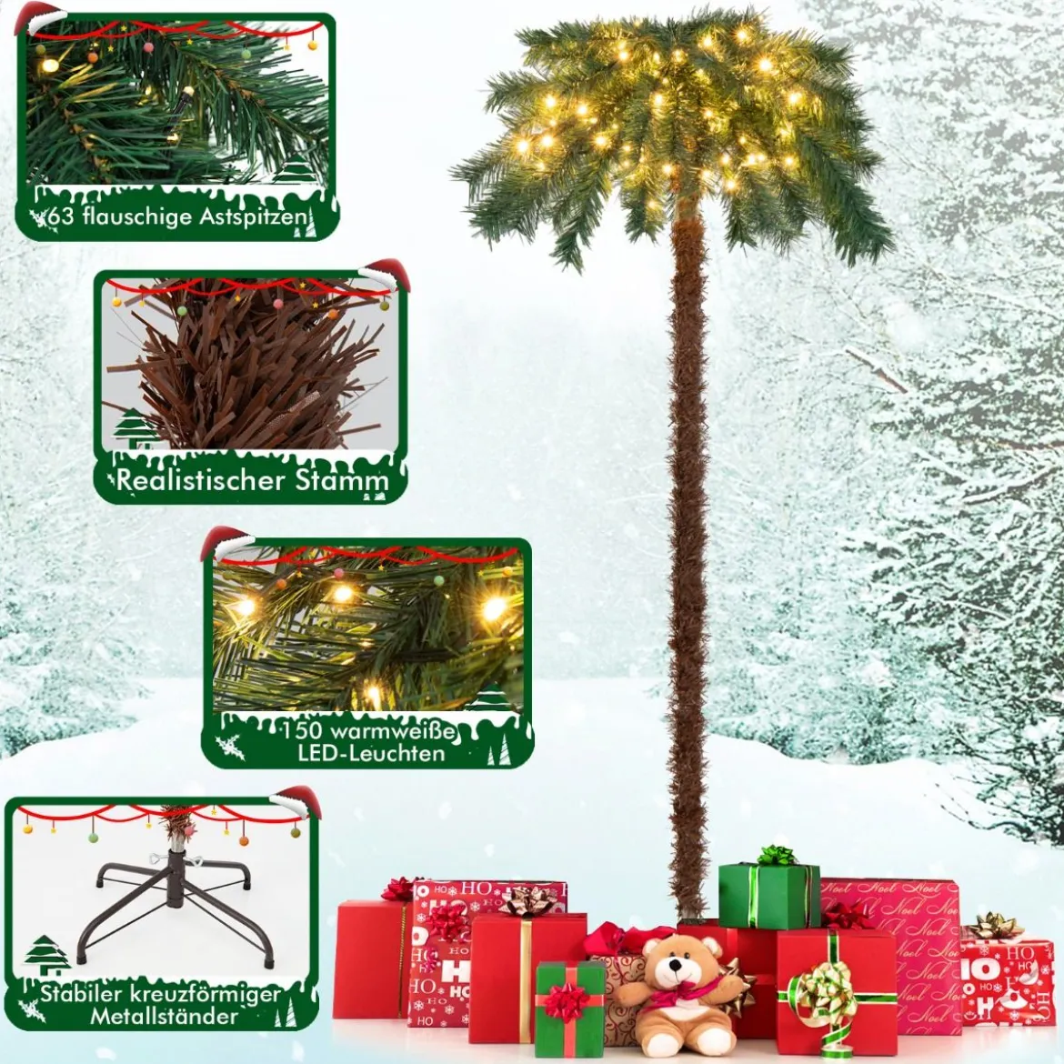 150 cm Künstlicher Weihnachtsbaum Beleuchtete Weihnachtspalme mit Warmweißen Lichtern