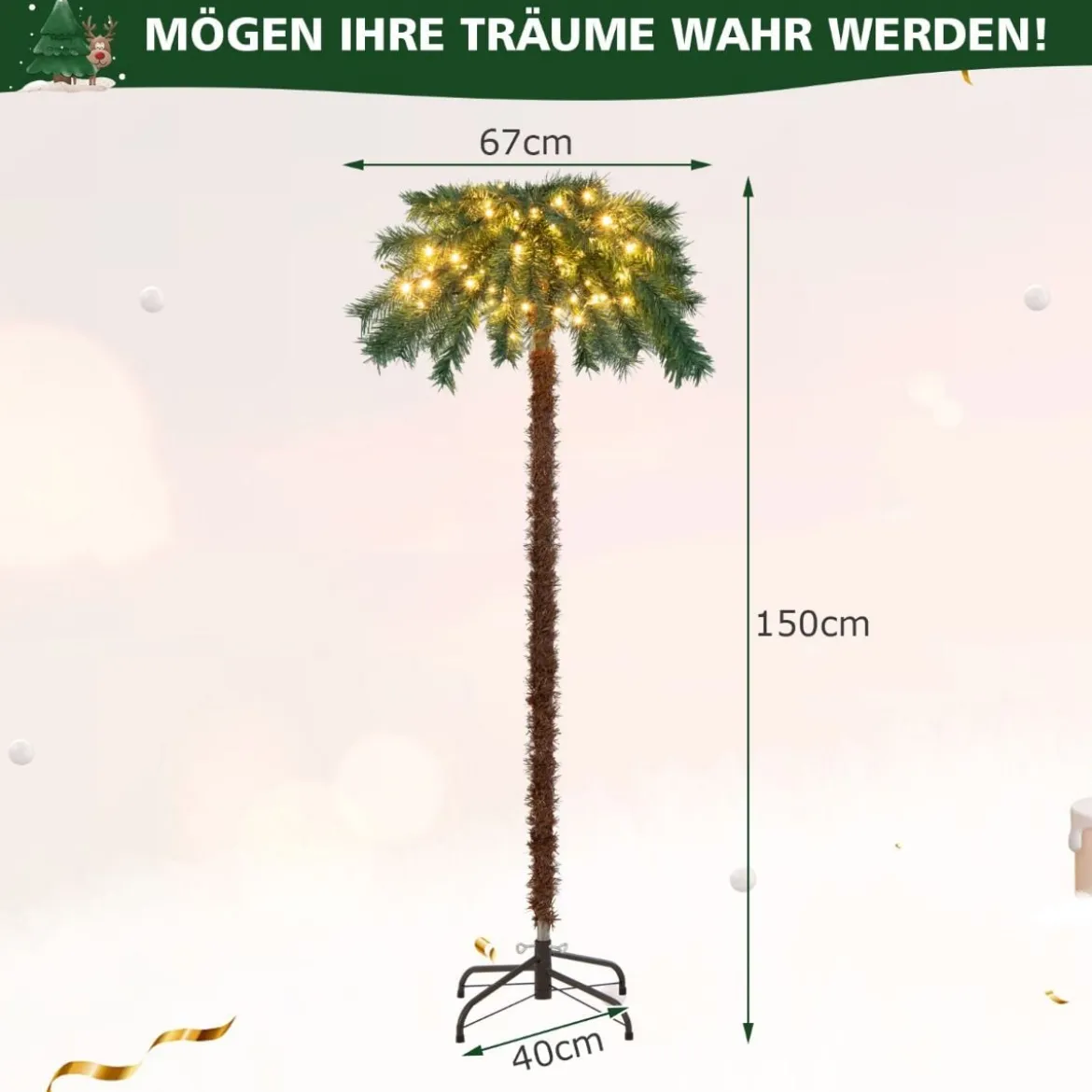 150 cm Künstlicher Weihnachtsbaum Beleuchtete Weihnachtspalme mit Warmweißen Lichtern