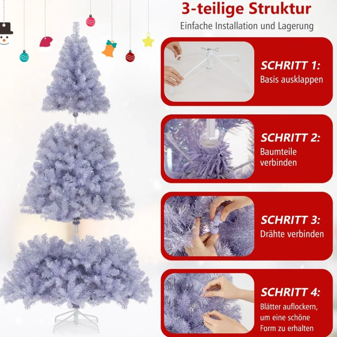 225 cm Künstlicher Weihnachtsbaum mit Beleuchtung Tannenbaum mit warmweißen LED-Lichtern Violett
