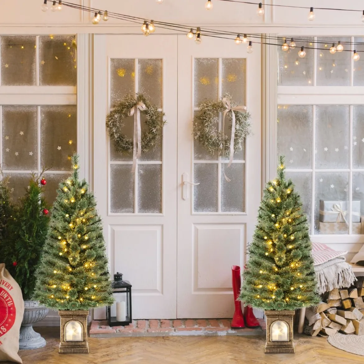 120 cm Künstlicher Weihnachtsbaum im Topf mit Beleuchtung & Lichtern & Timer & Zweigspitzen