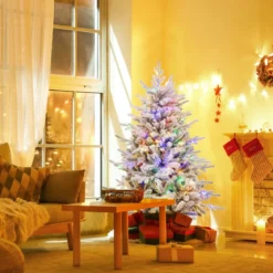 147/186cm Künstlicher Weihnachtsbaum mit Mehrfarbigen LED-Lichtern & 8 Lichtmodi Beflockter Tannenbaum