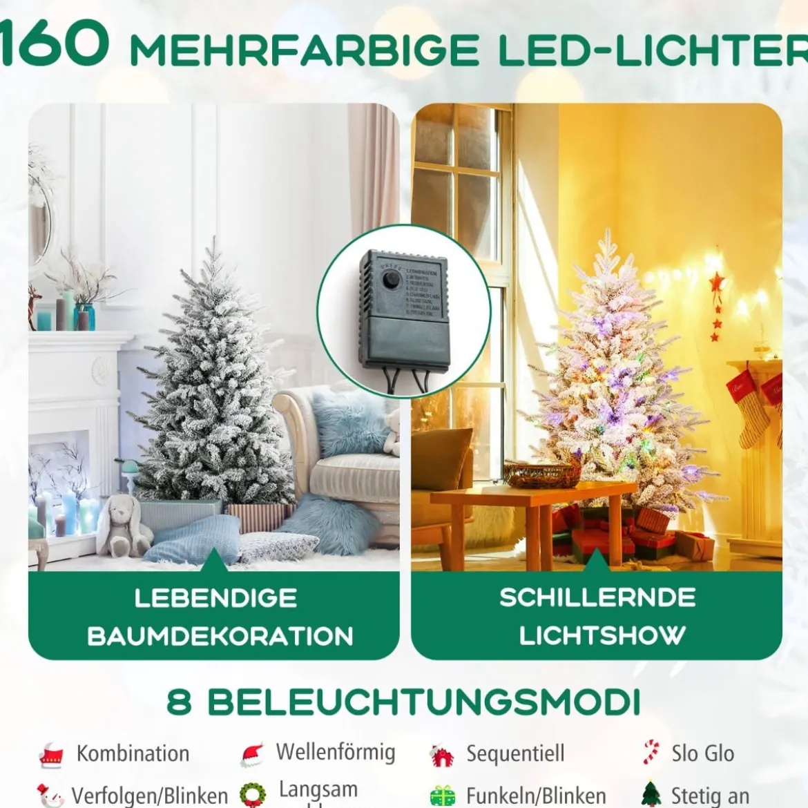 147/186cm Künstlicher Weihnachtsbaum mit Mehrfarbigen LED-Lichtern & 8 Lichtmodi Beflockter Tannenbaum