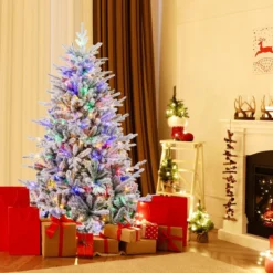 147/186cm Künstlicher Weihnachtsbaum mit Mehrfarbigen LED-Lichtern & 8 Lichtmodi Beflockter Tannenbaum