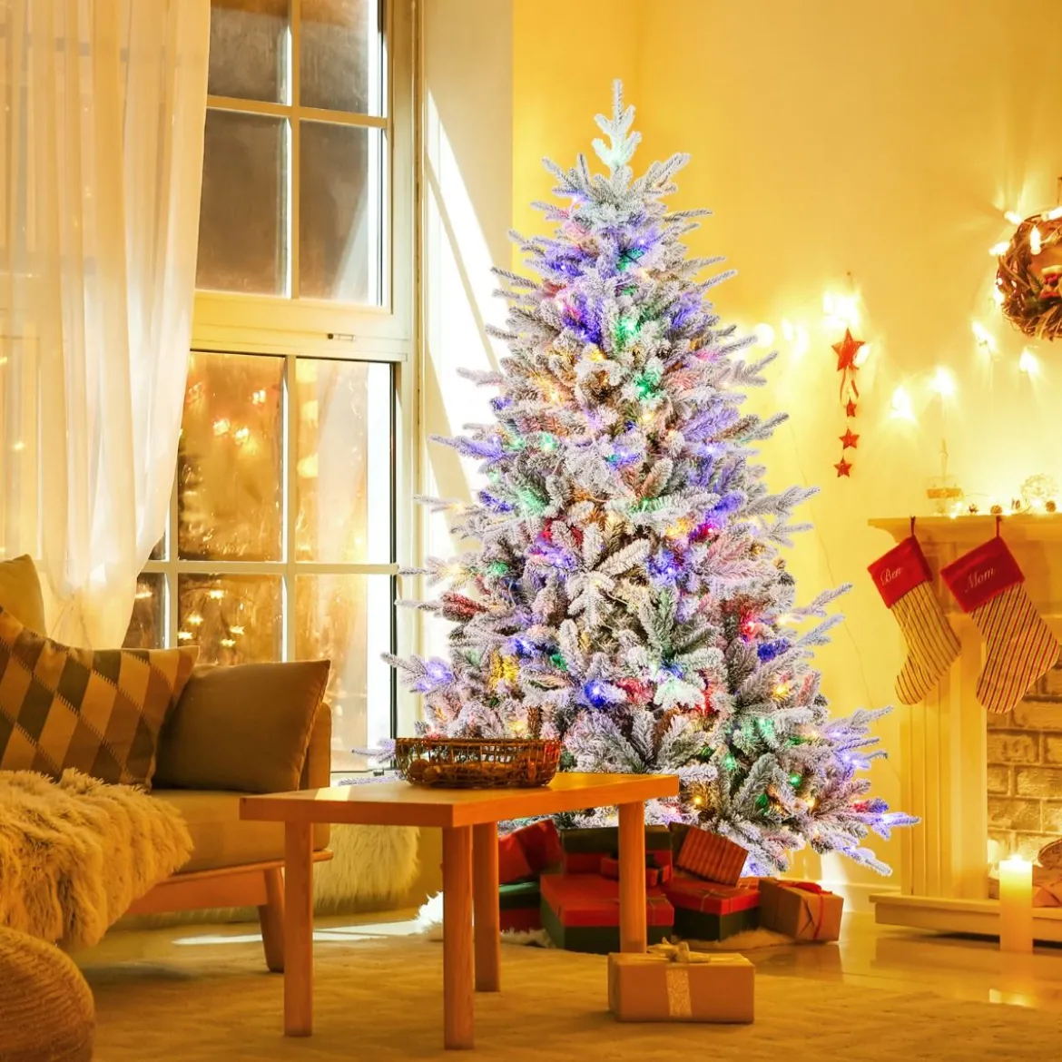 147/186cm Künstlicher Weihnachtsbaum mit Mehrfarbigen LED-Lichtern & 8 Lichtmodi Beflockter Tannenbaum