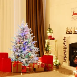 147/186cm Künstlicher Weihnachtsbaum mit Mehrfarbigen LED-Lichtern & 8 Lichtmodi Beflockter Tannenbaum