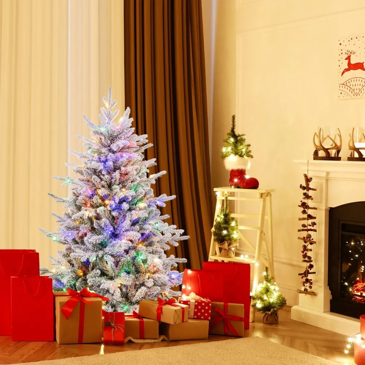 147/186cm Künstlicher Weihnachtsbaum mit Mehrfarbigen LED-Lichtern & 8 Lichtmodi Beflockter Tannenbaum