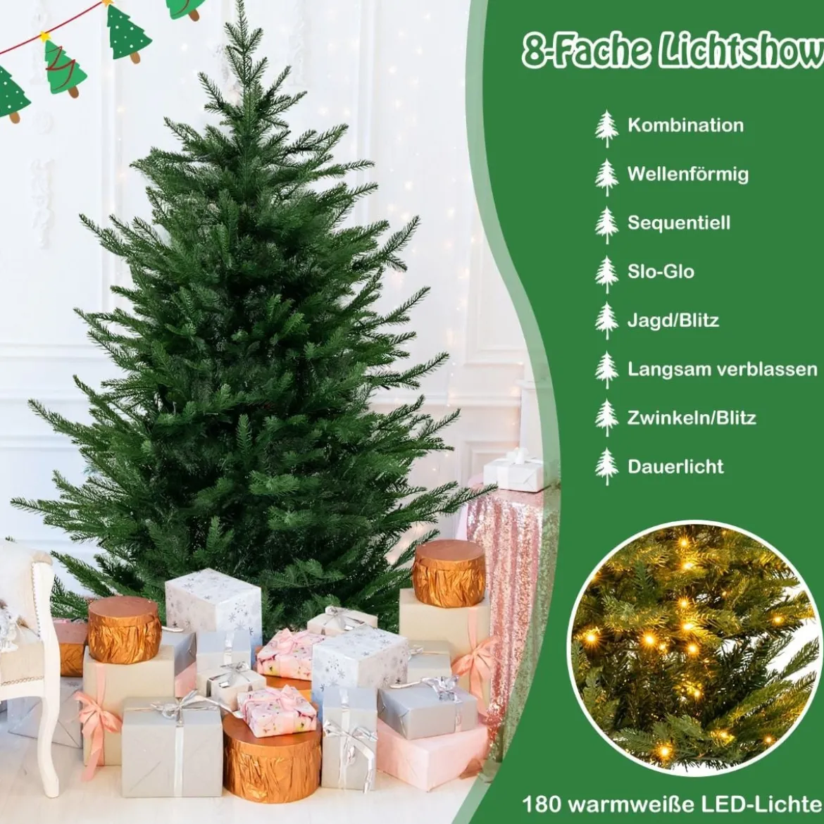 136 cm Künstlicher Weihnachtsbaum mit Beleuchtung & 180 Warmweißen LED-Lichtern