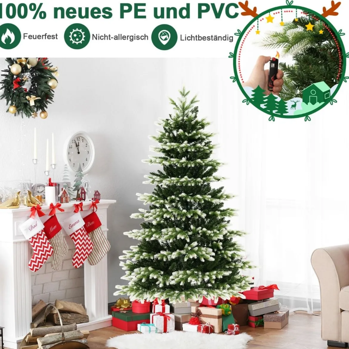 180 cm Künstlicher Weihnachtsbaum mit Beleuchtung & Metallständer Schneebedeckt