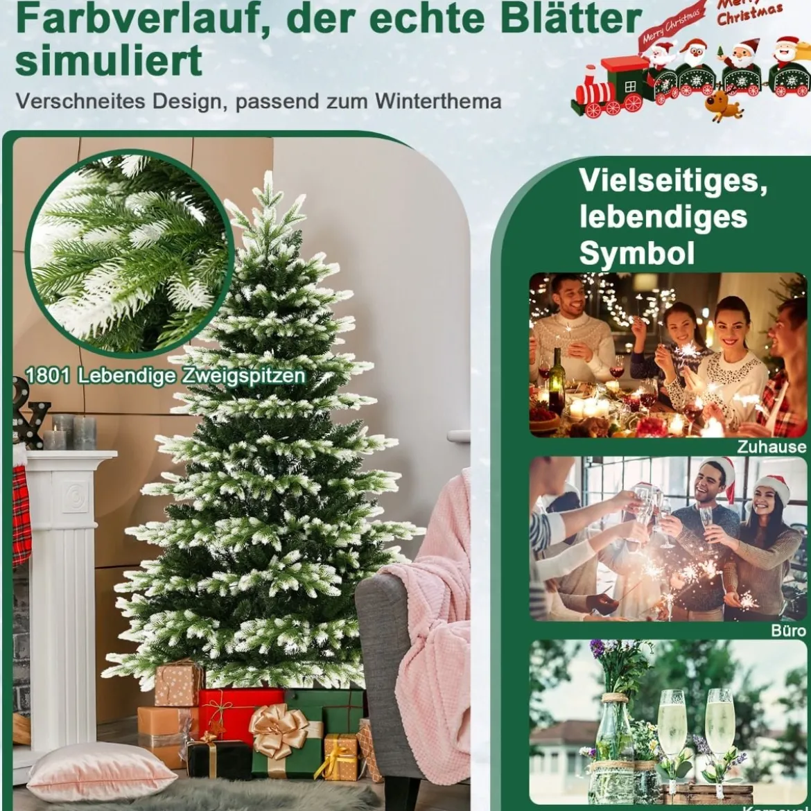 180 cm Künstlicher Weihnachtsbaum mit Beleuchtung & Metallständer Schneebedeckt