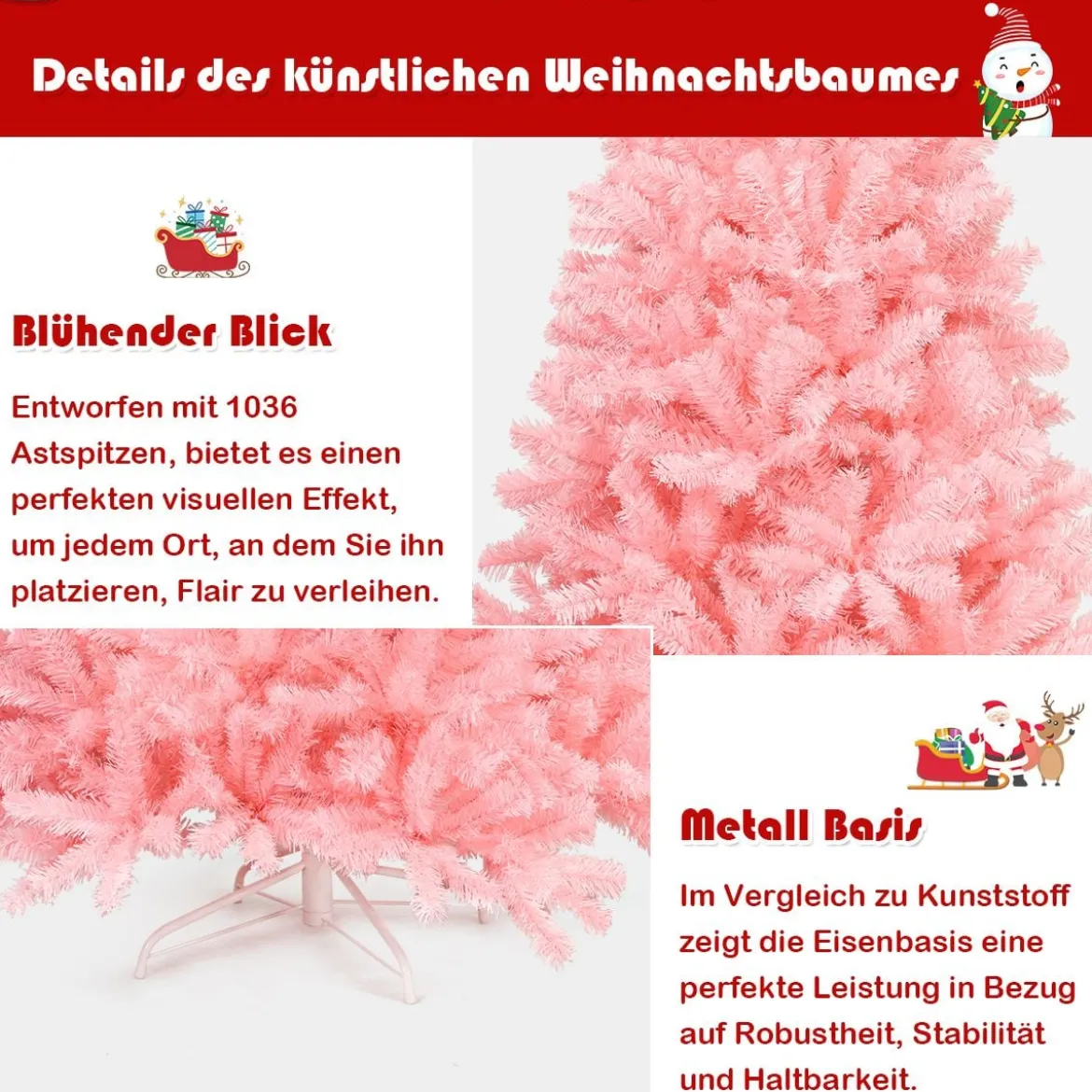 180 cm künstlicher Weihnachtsbaum mit klappbarem Metallständer Christbaum Rosa