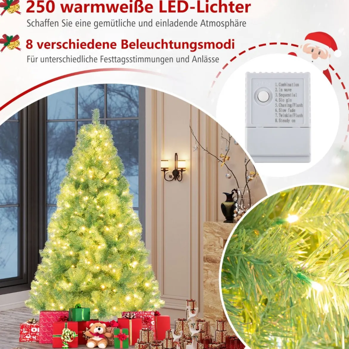 180 cm Künstlicher Weihnachtsbaum mit Beleuchtung Tannenbaum mit warmweißen LED-Lichtern Grün