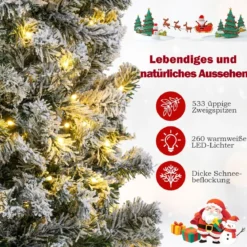 180 cm Künstlicher Weihnachtsbaum mit 260 Warmweißen LED-Lichtern & Schnee Bleistift Tannenbaum