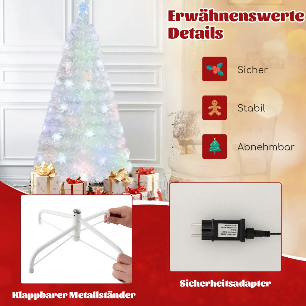 120 / 150 / 180 / 210cm Künstlicher Weihnachtsbaum mit Bunten LED-Lichtern & Glasfaser & Sternspitze Weiß