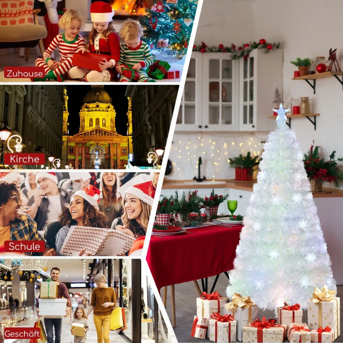 120 / 150 / 180 / 210cm Künstlicher Weihnachtsbaum mit Bunten LED-Lichtern & Glasfaser & Sternspitze Weiß
