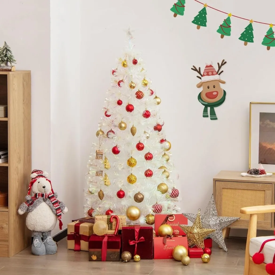 120 / 150 / 180 / 210cm Künstlicher Weihnachtsbaum mit Bunten LED-Lichtern & Glasfaser & Sternspitze Weiß