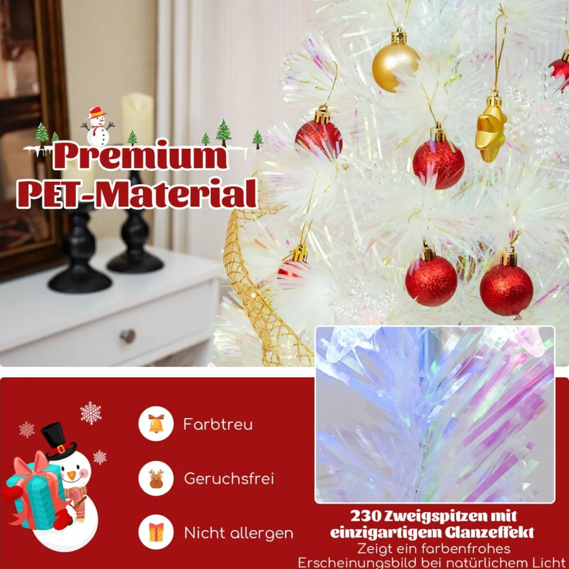 120 / 150 / 180 / 210cm Künstlicher Weihnachtsbaum mit Bunten LED-Lichtern & Glasfaser & Sternspitze Weiß