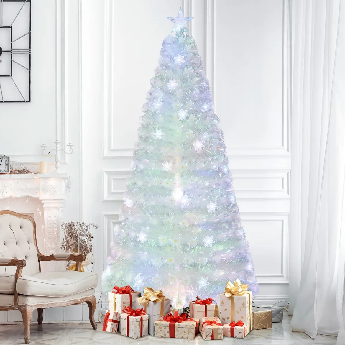 120 / 150 / 180 / 210cm Künstlicher Weihnachtsbaum mit Bunten LED-Lichtern & Glasfaser & Sternspitze Weiß