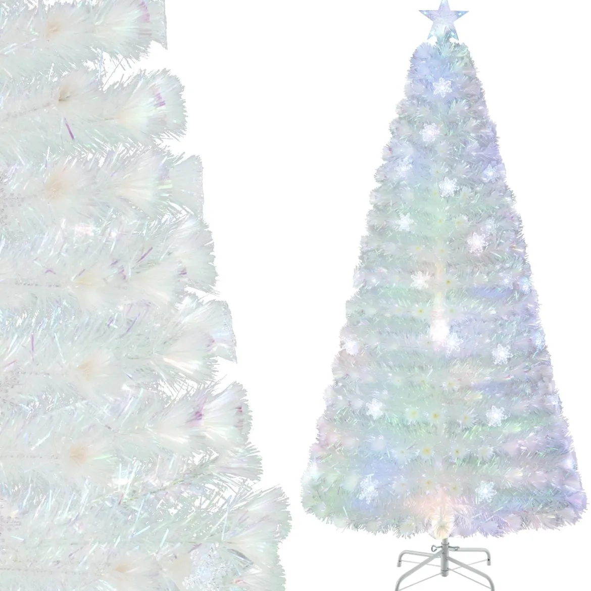 120 / 150 / 180 / 210cm Künstlicher Weihnachtsbaum mit Bunten LED-Lichtern & Glasfaser & Sternspitze Weiß