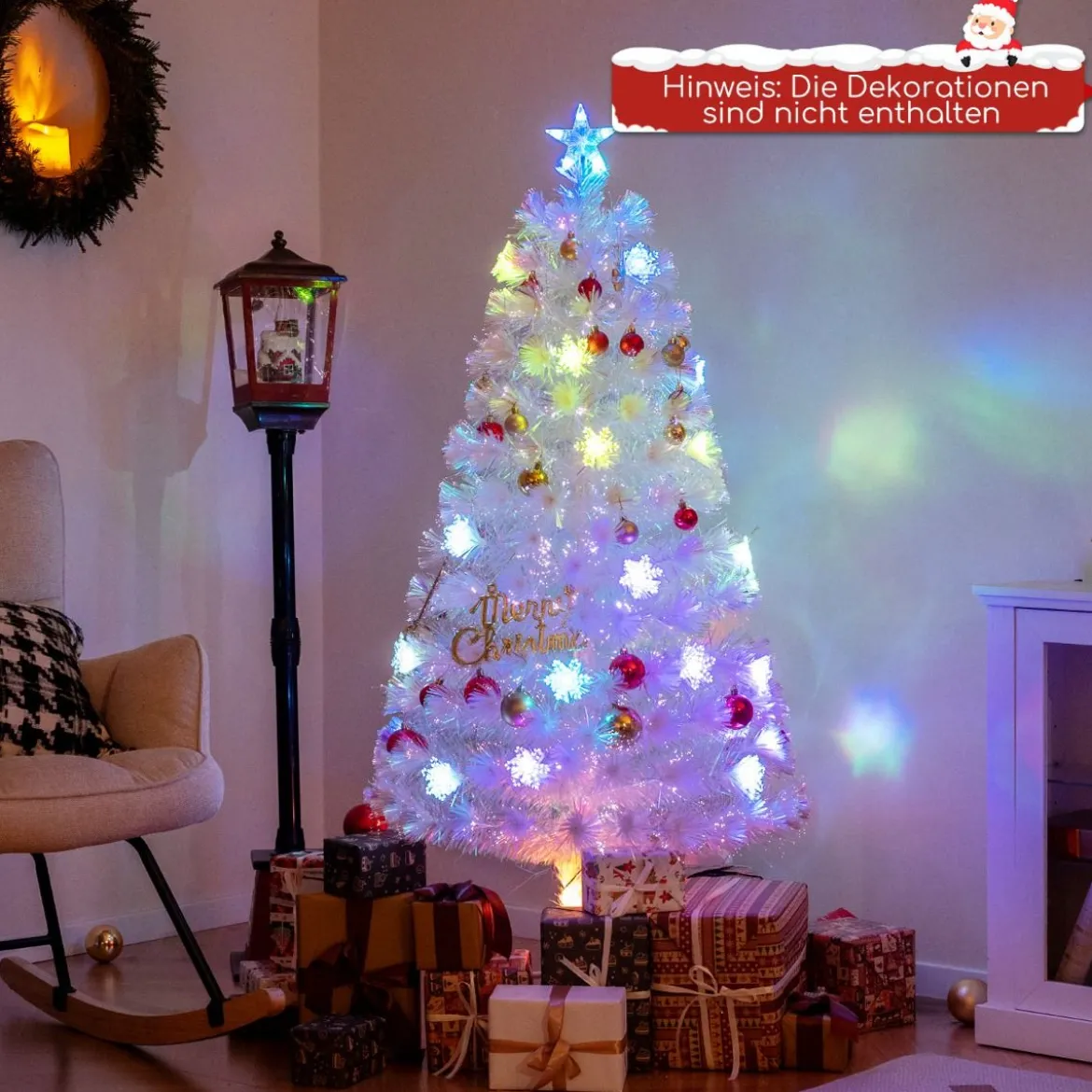 120 / 150 / 180 / 210cm Künstlicher Weihnachtsbaum mit Bunten LED-Lichtern & Glasfaser & Sternspitze Weiß