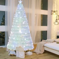 120 / 150 / 180 / 210cm Künstlicher Weihnachtsbaum mit Bunten LED-Lichtern & Glasfaser & Sternspitze Weiß