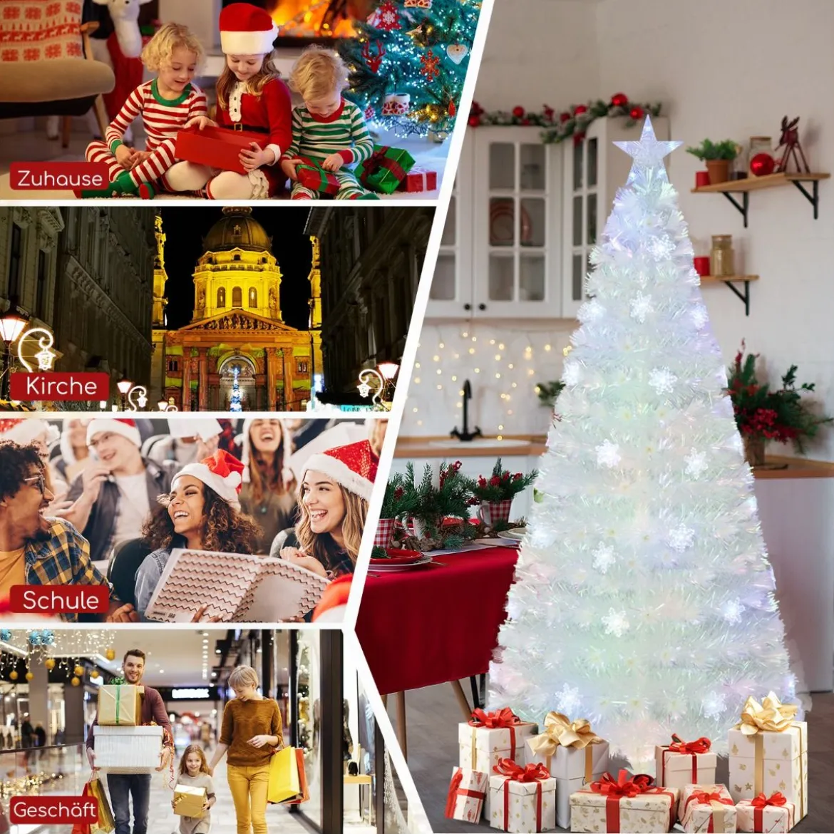 120 / 150 / 180 / 210cm Künstlicher Weihnachtsbaum mit Bunten LED-Lichtern & Glasfaser & Sternspitze Weiß