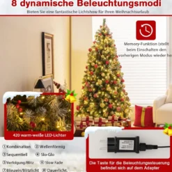 195 cm Künstlicher Weihnachtsbaum mit Beleuchtung & Schnee & Tannenzapfen & Roten Beeren