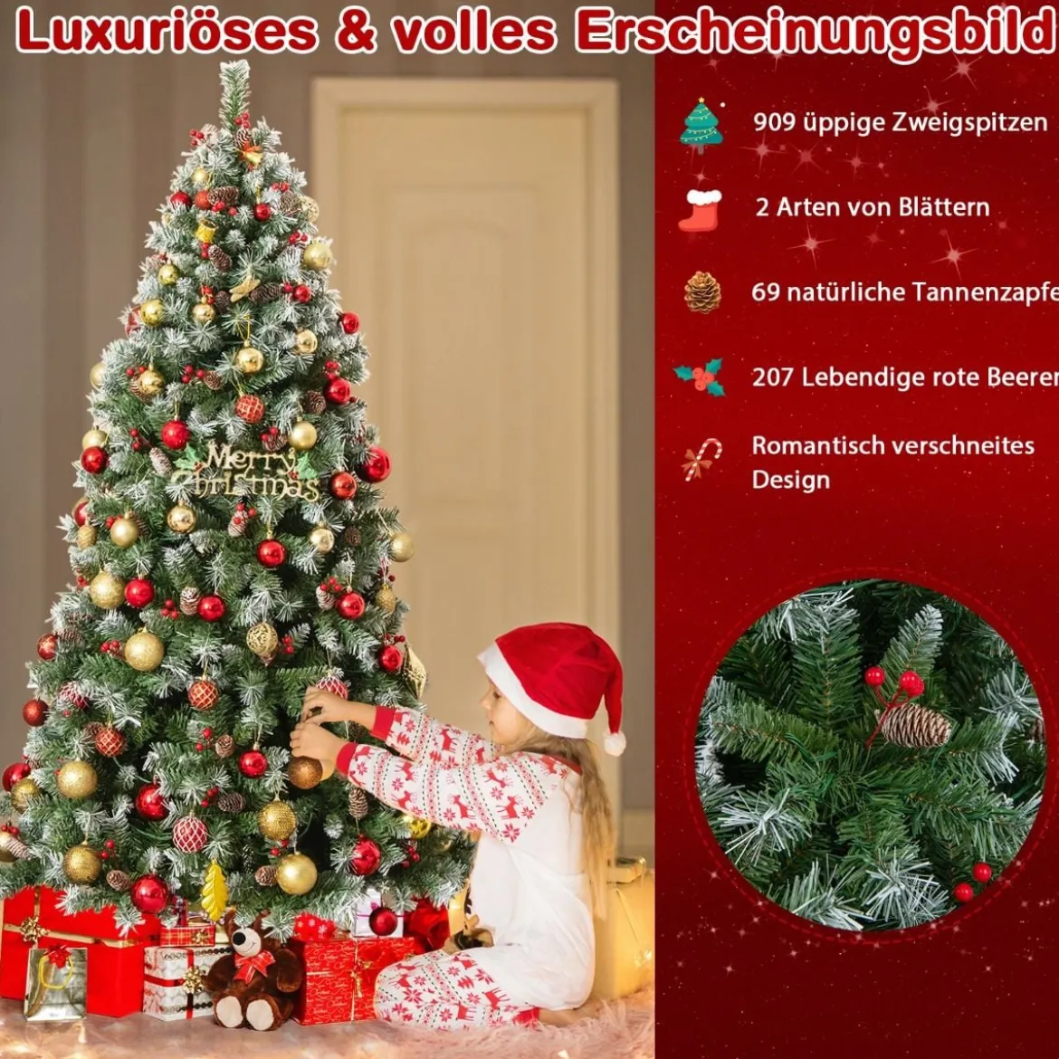 195 cm Künstlicher Weihnachtsbaum mit Beleuchtung & Schnee & Tannenzapfen & Roten Beeren