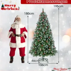 195 cm Künstlicher Weihnachtsbaum mit Beleuchtung & Schnee & Tannenzapfen & Roten Beeren