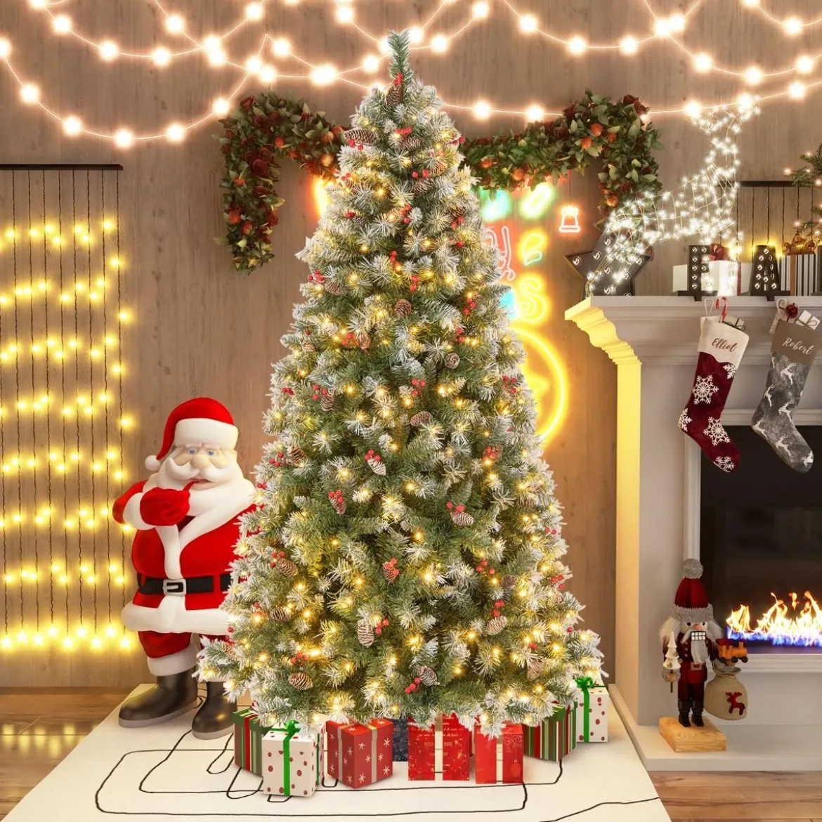 195 cm Künstlicher Weihnachtsbaum mit Beleuchtung & Schnee & Tannenzapfen & Roten Beeren