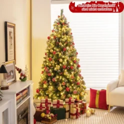 195 cm Künstlicher Weihnachtsbaum mit Beleuchtung & Schnee & Tannenzapfen & Roten Beeren