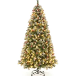 195 cm Künstlicher Weihnachtsbaum mit Beleuchtung & Schnee & Tannenzapfen & Roten Beeren
