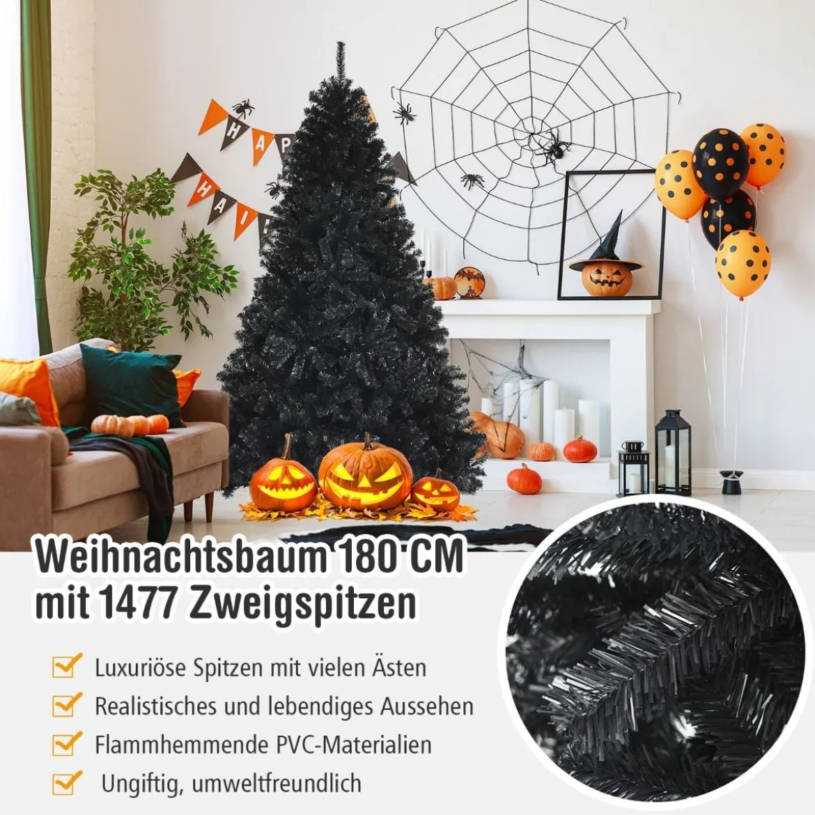 180 cm künstlicher Weihnachtsbaum Christbaum Tannenbaum für Zuhause Schwarz