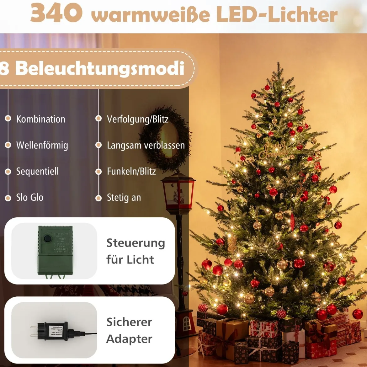 210 cm Künstlicher Weihnachtsbaum mit 340 Warmweißen LED Lichtern Tannenbaum