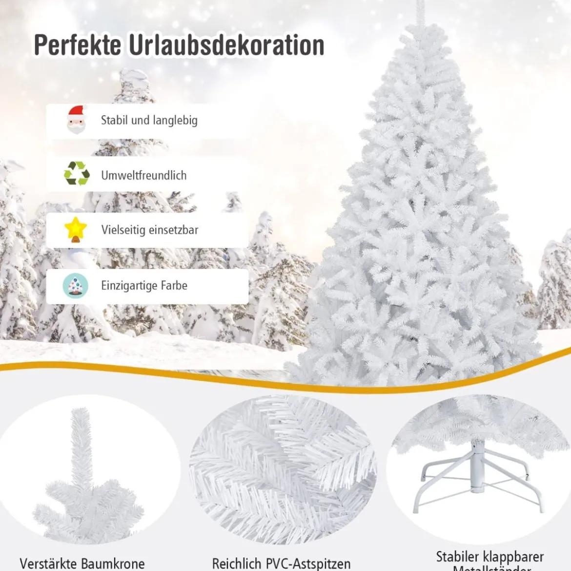 225 cm künstlicher Weihnachtsbaum mit 1749 Zweigen und klappbarer Metallständer Weiß