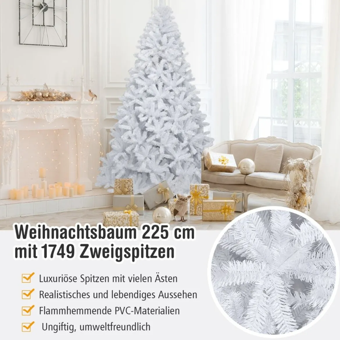 225 cm künstlicher Weihnachtsbaum mit 1749 Zweigen und klappbarer Metallständer Weiß