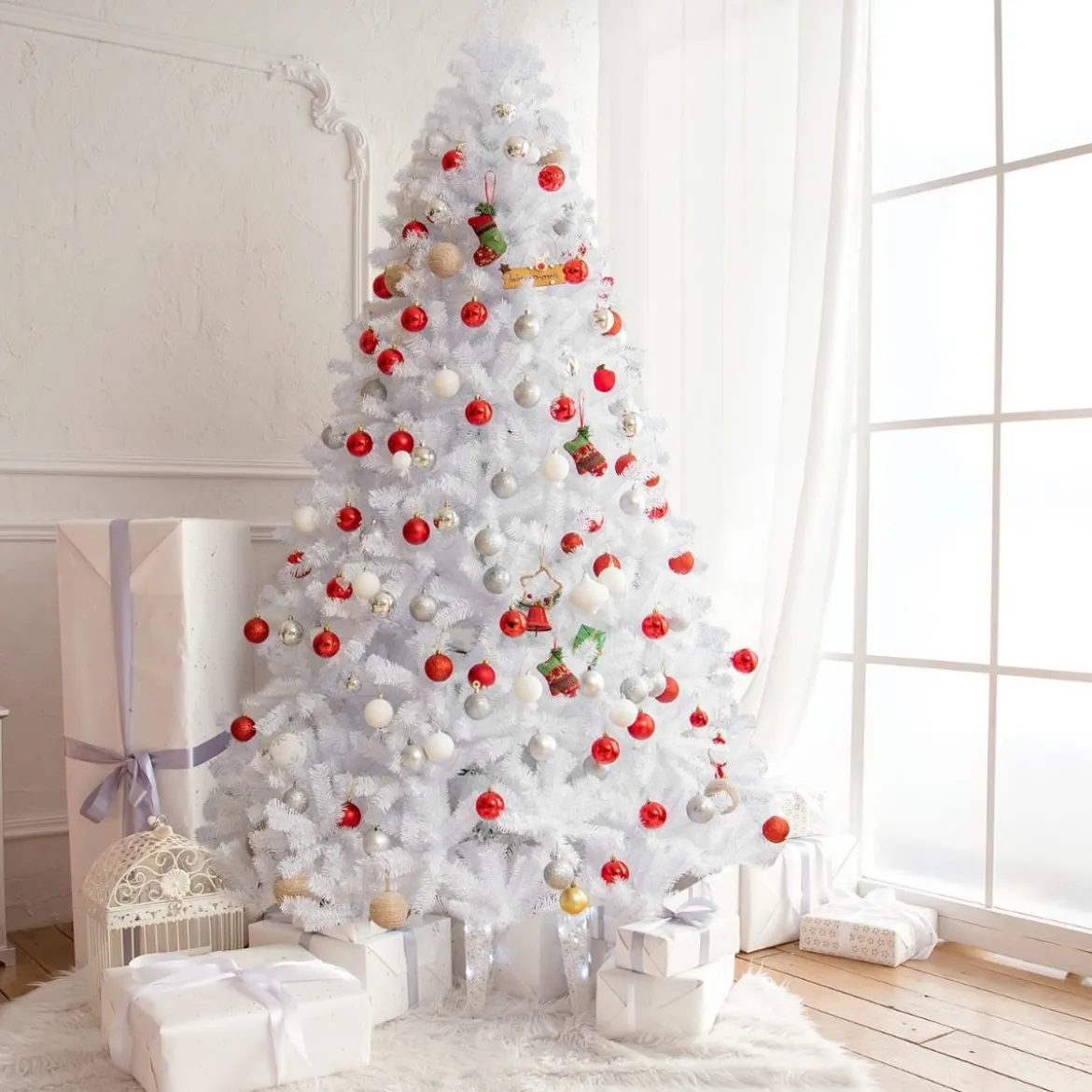 225 cm künstlicher Weihnachtsbaum mit 1749 Zweigen und klappbarer Metallständer Weiß
