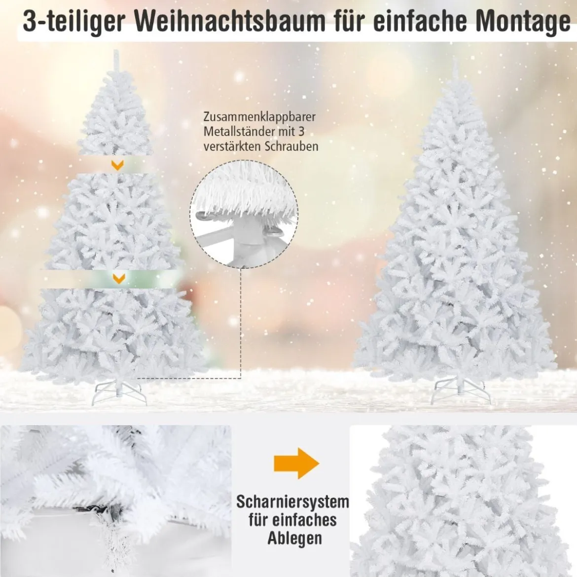 225 cm künstlicher Weihnachtsbaum mit 1749 Zweigen und klappbarer Metallständer Weiß