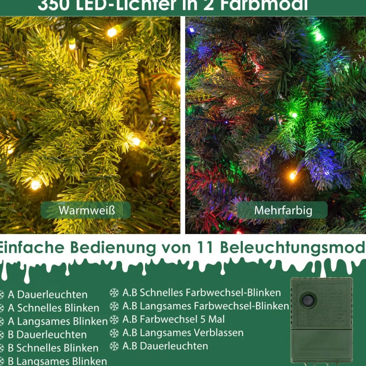 180 cm Künstlicher Weihnachtsbaum mit LEDs in Mehrfarbig & Warmweiß & 11 Lichtmodi