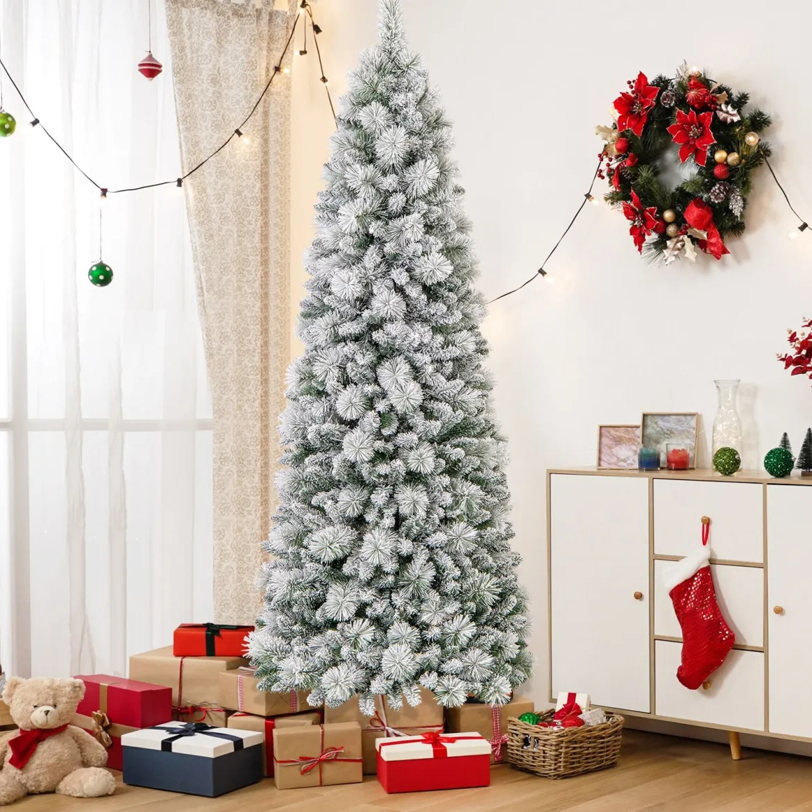 210 cm Künstlicher Weihnachtsbaum mit Beleuchtung Pop Up Tannenbaum mit 200 warmweiße LED-Lichtern & 680 Zweigspitzen