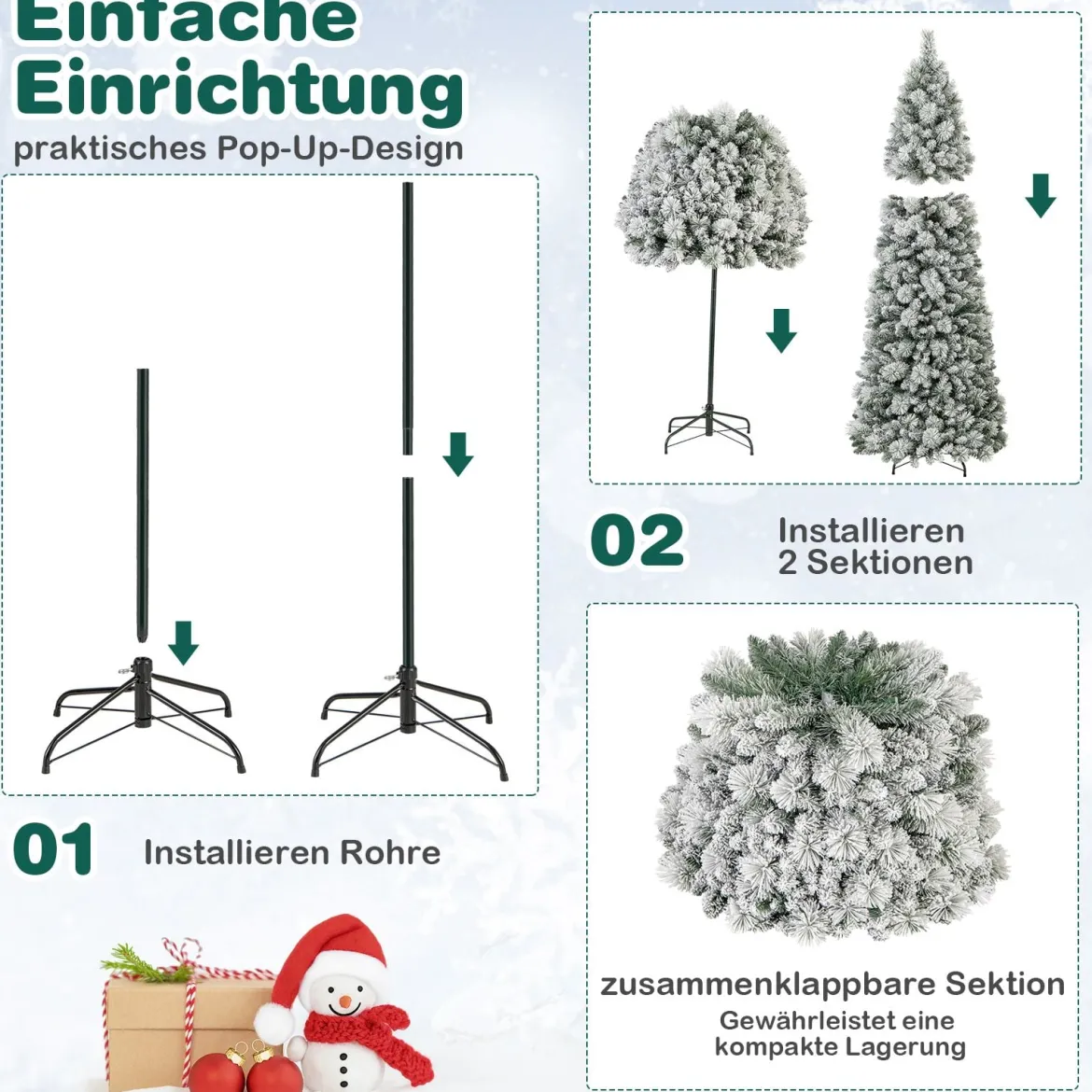 210 cm Künstlicher Weihnachtsbaum mit Beleuchtung Pop Up Tannenbaum mit 200 warmweiße LED-Lichtern & 680 Zweigspitzen