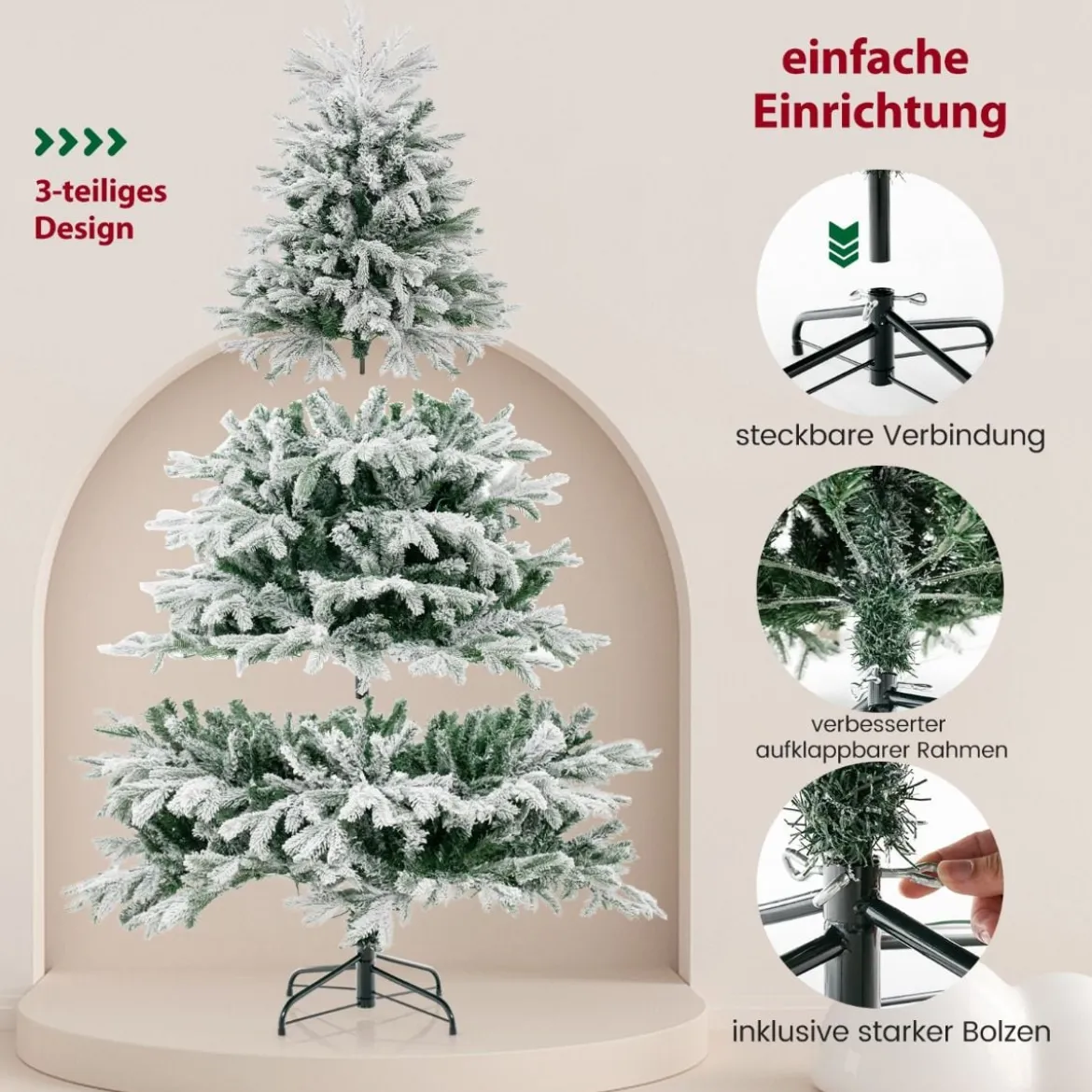 180 cm Künstlicher Weihnachtsbaum mit Schnee & Beleuchtung & 1022 gemischten Zweigspitzen Tannenbaum
