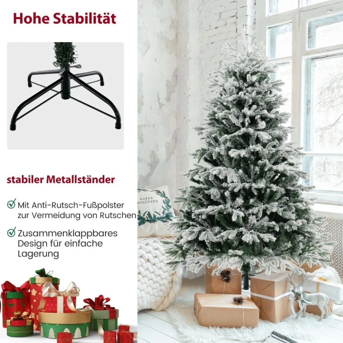 180 cm Künstlicher Weihnachtsbaum mit Schnee & Beleuchtung & 1022 gemischten Zweigspitzen Tannenbaum