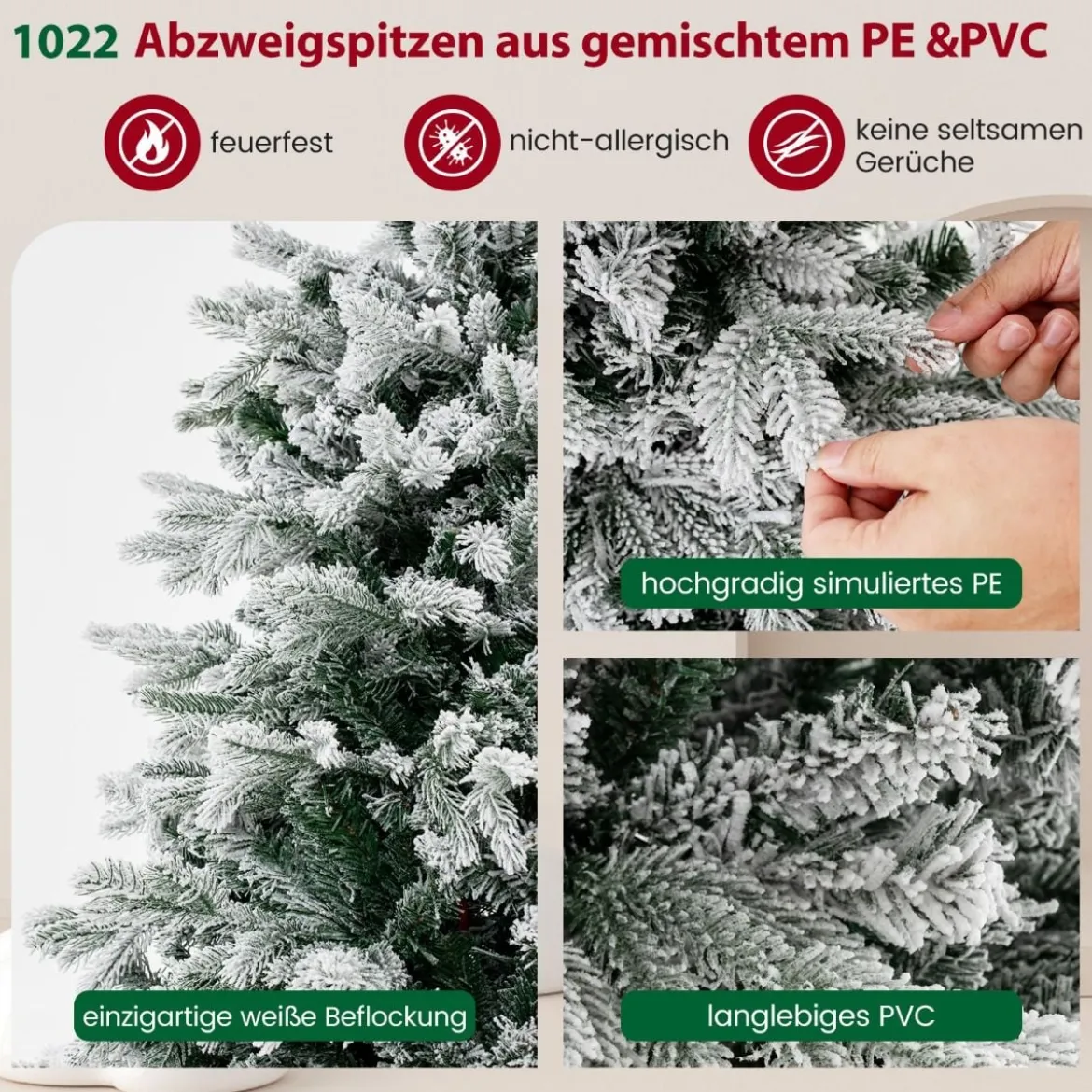 180 cm Künstlicher Weihnachtsbaum mit Schnee & Beleuchtung & 1022 gemischten Zweigspitzen Tannenbaum